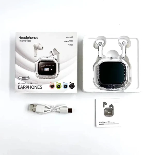 Air Max LCD Display Transparent Earbuds – Bluetooth 5.3, HD Sound, Long Battery Life

